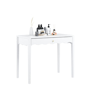 English Elm White Scalloped Vanity Desk with Gold Knob Drawer for Bedroom or Small Home Office W808P390788