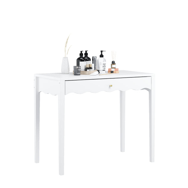 English Elm White Scalloped Vanity Desk with Gold Knob Drawer for Bedroom or Small Home Office W808P390788