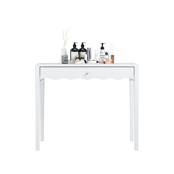 English Elm White Scalloped Vanity Desk with Gold Knob Drawer for Bedroom or Small Home Office W808P390788