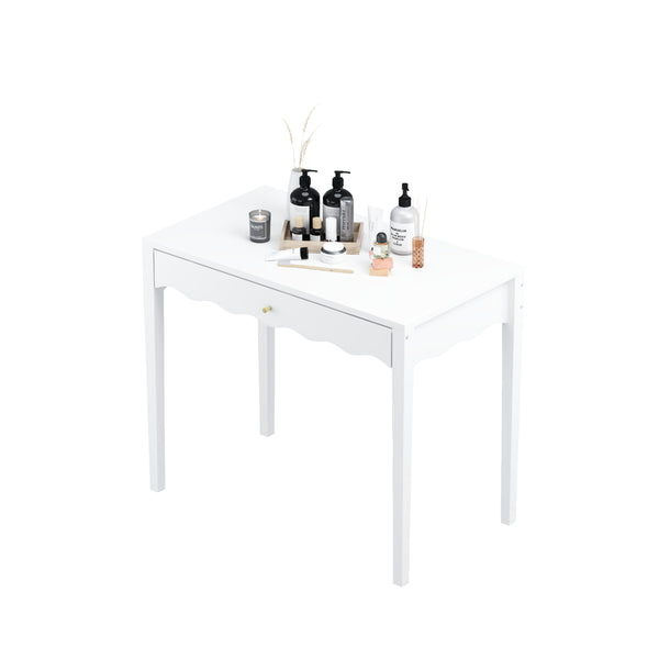 English Elm White Scalloped Vanity Desk with Gold Knob Drawer for Bedroom or Small Home Office W808P390788