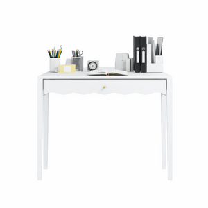 English Elm White Scalloped Vanity Desk with Gold Knob Drawer for Bedroom or Small Home Office W808P390788
