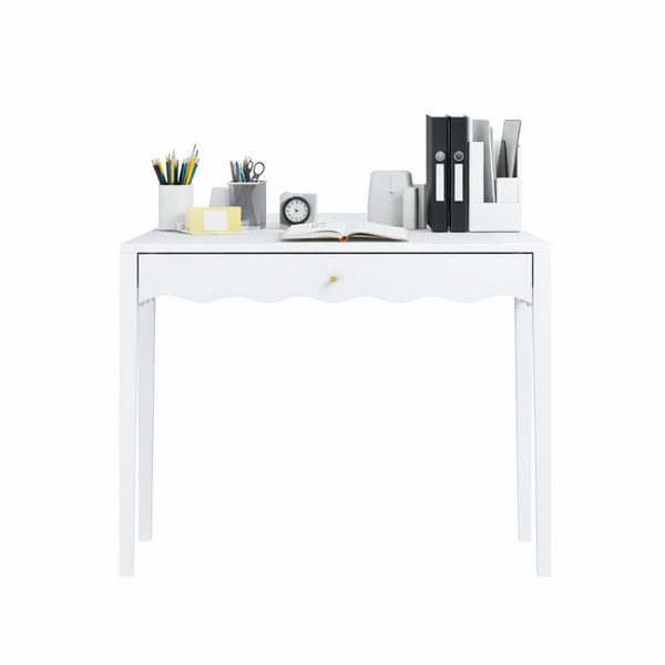 English Elm White Scalloped Vanity Desk with Gold Knob Drawer for Bedroom or Small Home Office W808P390788
