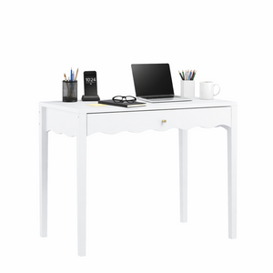 English Elm White Scalloped Vanity Desk with Gold Knob Drawer for Bedroom or Small Home Office W808P390788