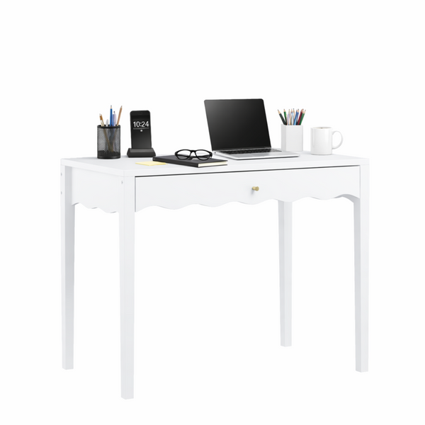 English Elm White Scalloped Vanity Desk with Gold Knob Drawer for Bedroom or Small Home Office W808P390788