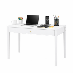 English Elm White Scalloped Vanity Desk with Gold Knob Drawer for Bedroom or Small Home Office W808P390788