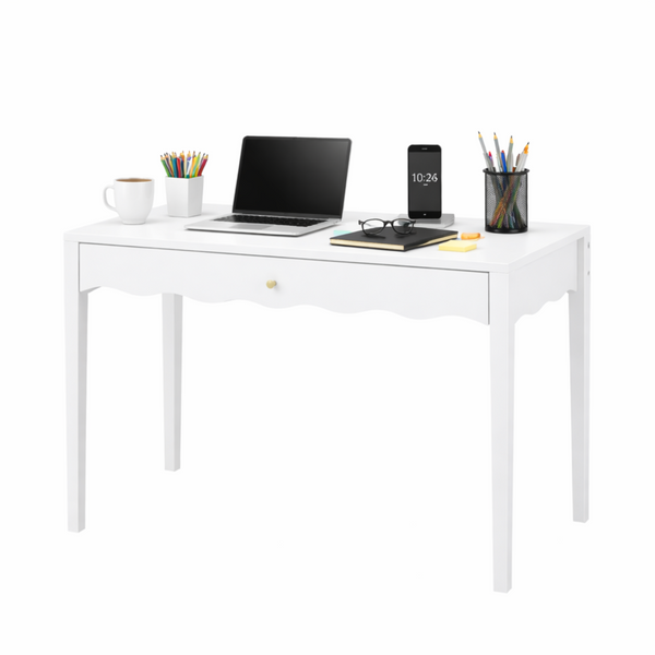 English Elm White Scalloped Vanity Desk with Gold Knob Drawer for Bedroom or Small Home Office W808P390788