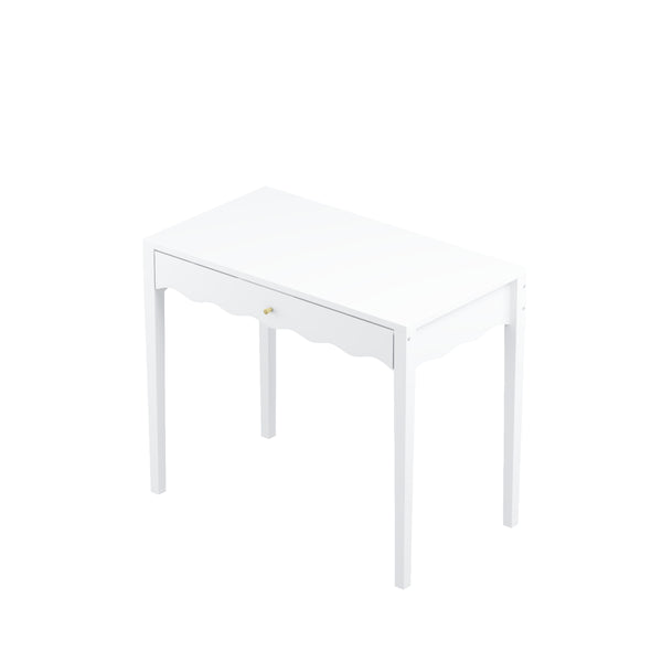 English Elm White Scalloped Vanity Desk with Gold Knob Drawer for Bedroom or Small Home Office W808P390788