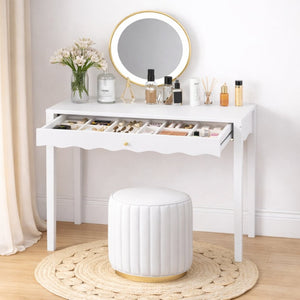 English Elm White Scalloped Vanity Desk with Gold Knob Drawer for Bedroom or Small Home Office W808P390788