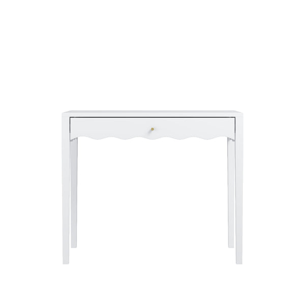 English Elm White Scalloped Vanity Desk with Gold Knob Drawer for Bedroom or Small Home Office W808P390788