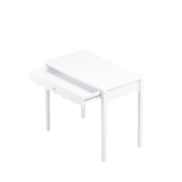 English Elm White Scalloped Vanity Desk with Gold Knob Drawer for Bedroom or Small Home Office W808P390788