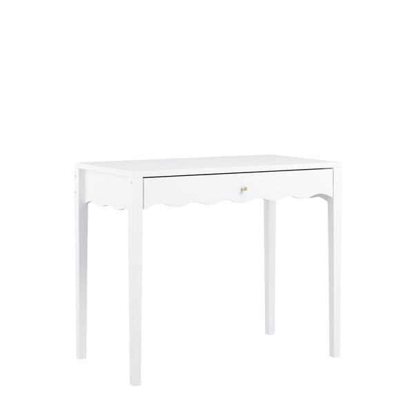 English Elm White Scalloped Vanity Desk with Gold Knob Drawer for Bedroom or Small Home Office W808P390788