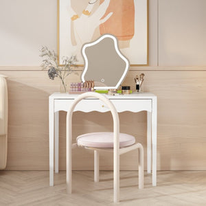 English Elm White Scalloped Vanity Desk with Gold Knob Drawer for Bedroom or Small Home Office W808P390788