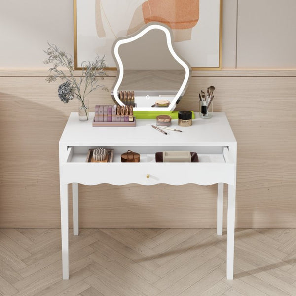 English Elm White Scalloped Vanity Desk with Gold Knob Drawer for Bedroom or Small Home Office W808P390788