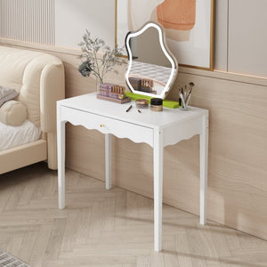 English Elm White Scalloped Vanity Desk with Gold Knob Drawer for Bedroom or Small Home Office W808P390788