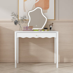English Elm White Scalloped Vanity Desk with Gold Knob Drawer for Bedroom or Small Home Office W808P390788