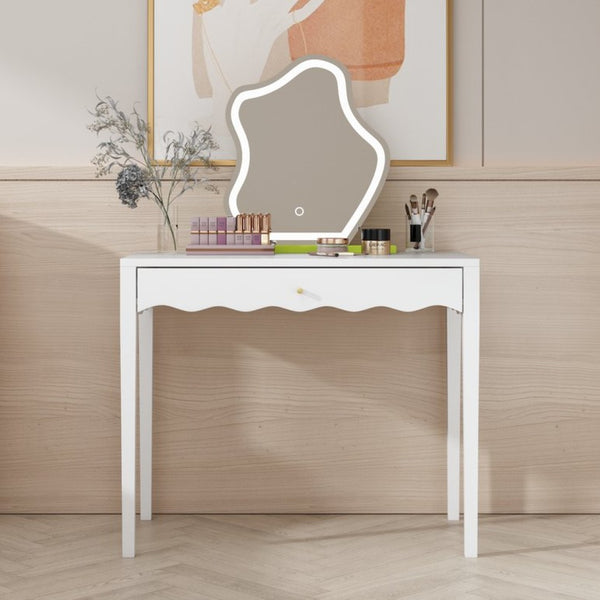 English Elm White Scalloped Vanity Desk with Gold Knob Drawer for Bedroom or Small Home Office W808P390788