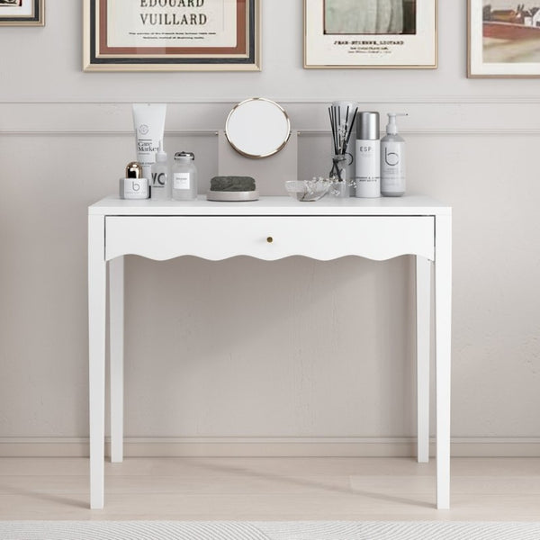 English Elm White Scalloped Vanity Desk with Gold Knob Drawer for Bedroom or Small Home Office W808P390788