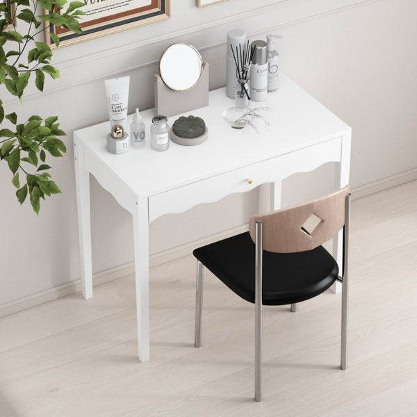 English Elm White Scalloped Vanity Desk with Gold Knob Drawer for Bedroom or Small Home Office W808P390788