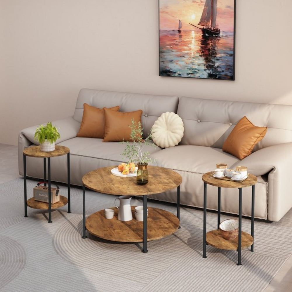 English Elm 3-piece Round Coffee and End Table Set Industrial Farmhouse Living Room Storage Shelf W808P390789