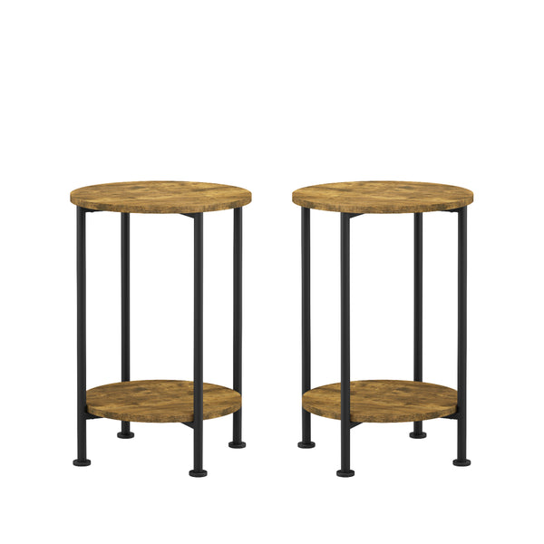 English Elm 3-piece Round Coffee and End Table Set Industrial Farmhouse Living Room Storage Shelf W808P390789