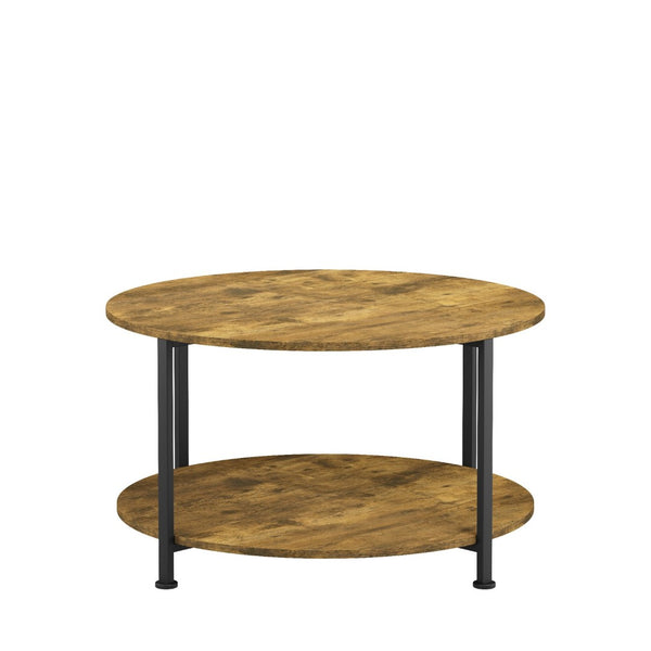 English Elm 3-piece Round Coffee and End Table Set Industrial Farmhouse Living Room Storage Shelf W808P390789