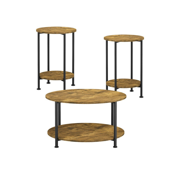 English Elm 3-piece Round Coffee and End Table Set Industrial Farmhouse Living Room Storage Shelf W808P390789