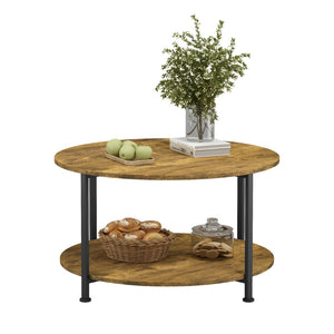 English Elm 3-piece Round Coffee and End Table Set Industrial Farmhouse Living Room Storage Shelf W808P390789