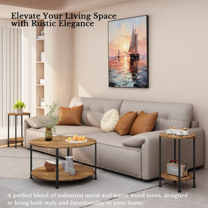 English Elm 3-piece Round Coffee and End Table Set Industrial Farmhouse Living Room Storage Shelf W808P390789