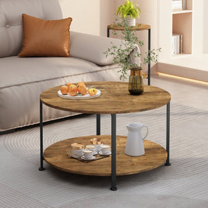 English Elm 3-piece Round Coffee and End Table Set Industrial Farmhouse Living Room Storage Shelf W808P390789