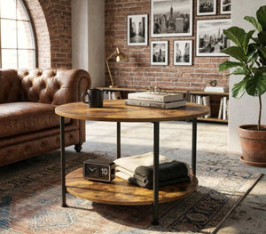 English Elm 3-piece Round Coffee and End Table Set Industrial Farmhouse Living Room Storage Shelf W808P390789