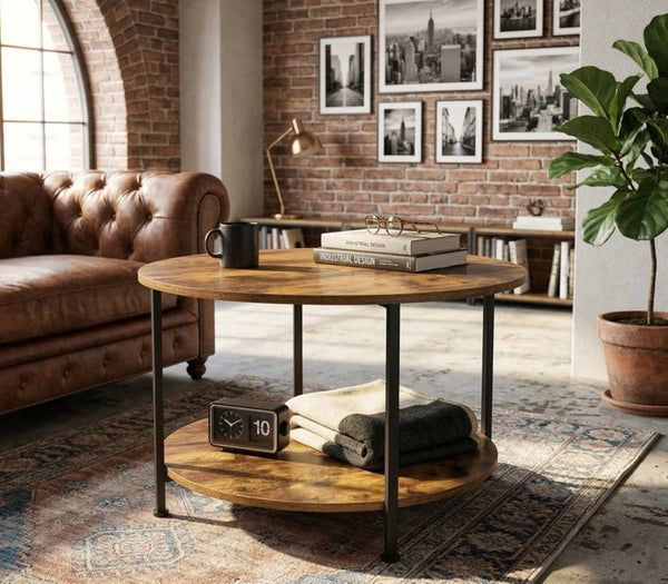 English Elm 3-piece Round Coffee and End Table Set Industrial Farmhouse Living Room Storage Shelf W808P390789