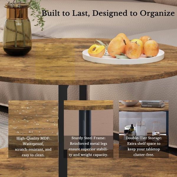 English Elm 3-piece Round Coffee and End Table Set Industrial Farmhouse Living Room Storage Shelf W808P390789