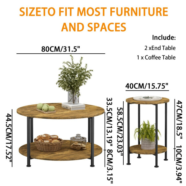 English Elm 3-piece Round Coffee and End Table Set Industrial Farmhouse Living Room Storage Shelf W808P390789
