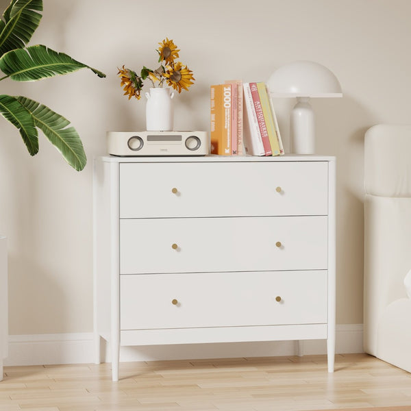 English Elm 3 Drawer White Mdf Chest Compact Modern Storage Cabinet for Bedroom or Entryway W808P390792