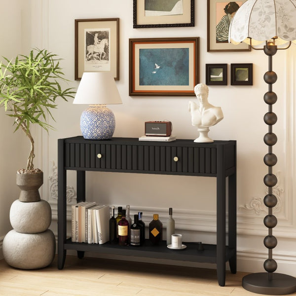 English Elm 29.53" Matte Finish Slim Wood Console Table with Drawers Open Shelf Entryway Hallway Black W808P402128