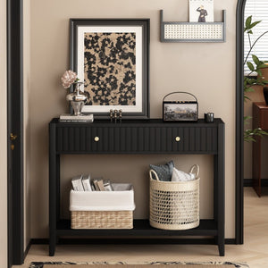 English Elm 29.53" Matte Finish Slim Wood Console Table with Drawers Open Shelf Entryway Hallway Black W808P402128