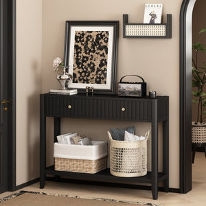 English Elm 29.53" Matte Finish Slim Wood Console Table with Drawers Open Shelf Entryway Hallway Black W808P402128