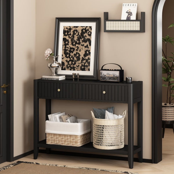 English Elm 29.53" Matte Finish Slim Wood Console Table with Drawers Open Shelf Entryway Hallway Black W808P402128