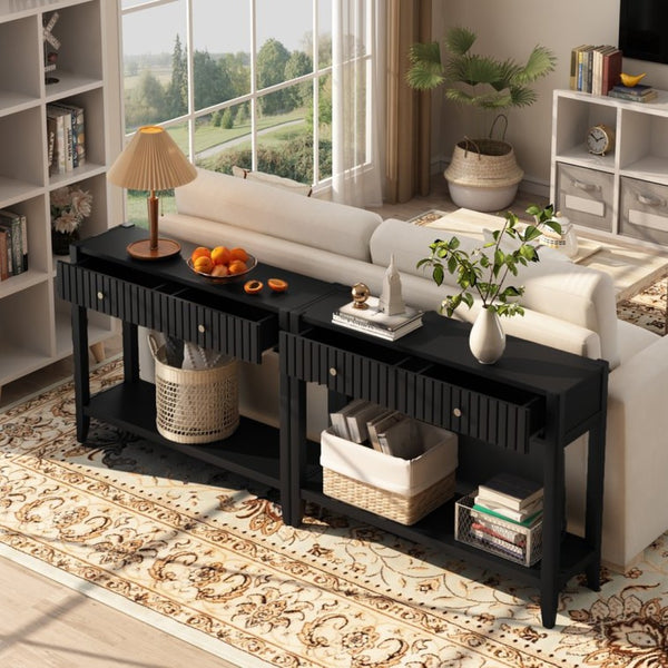 English Elm 29.53" Matte Finish Slim Wood Console Table with Drawers Open Shelf Entryway Hallway Black W808P402128