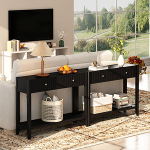 English Elm 29.53" Matte Finish Slim Wood Console Table with Drawers Open Shelf Entryway Hallway Black W808P402128