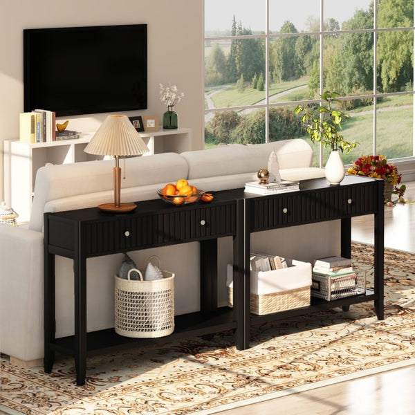 English Elm 29.53" Matte Finish Slim Wood Console Table with Drawers Open Shelf Entryway Hallway Black W808P402128