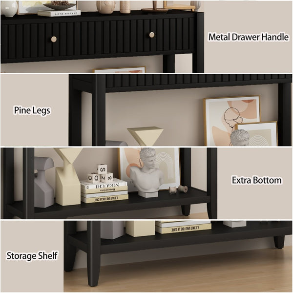 English Elm 29.53" Matte Finish Slim Wood Console Table with Drawers Open Shelf Entryway Hallway Black W808P402128