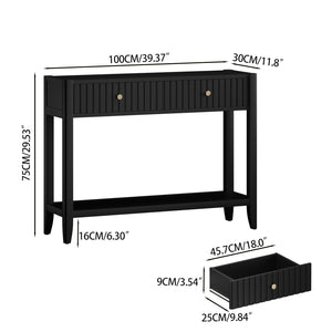 English Elm 29.53" Matte Finish Slim Wood Console Table with Drawers Open Shelf Entryway Hallway Black W808P402128