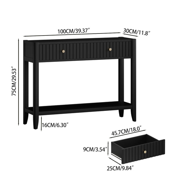 English Elm 29.53" Matte Finish Slim Wood Console Table with Drawers Open Shelf Entryway Hallway Black W808P402128