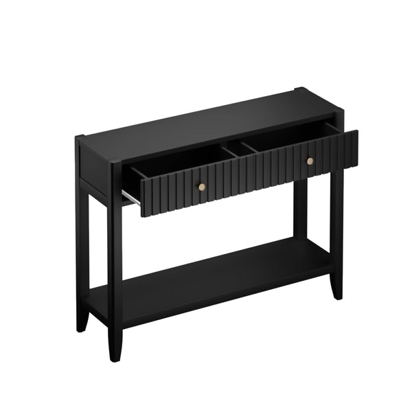 English Elm 29.53" Matte Finish Slim Wood Console Table with Drawers Open Shelf Entryway Hallway Black W808P402128