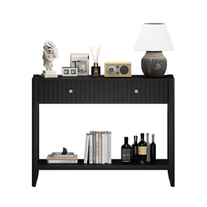 English Elm 29.53" Matte Finish Slim Wood Console Table with Drawers Open Shelf Entryway Hallway Black W808P402128