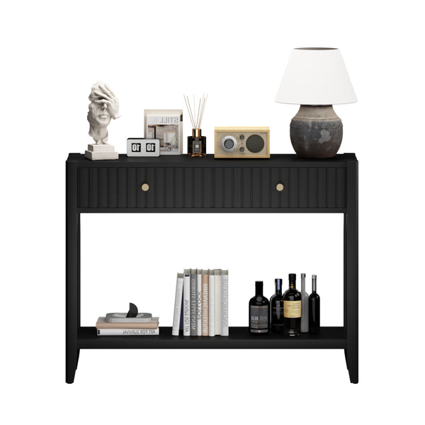 English Elm 29.53" Matte Finish Slim Wood Console Table with Drawers Open Shelf Entryway Hallway Black W808P402128