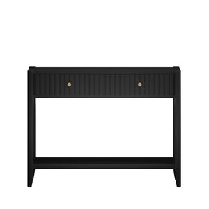 English Elm 29.53" Matte Finish Slim Wood Console Table with Drawers Open Shelf Entryway Hallway Black W808P402128