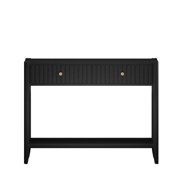 English Elm 29.53" Matte Finish Slim Wood Console Table with Drawers Open Shelf Entryway Hallway Black W808P402128