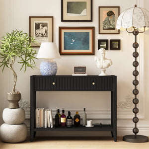 English Elm 29.53" Matte Finish Slim Wood Console Table with Drawers Open Shelf Entryway Hallway Black W808P402128